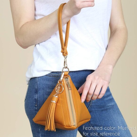 Vegan Leather Wristlet Clutch Purse Pink Compact Detachable Strap Tassel - Picture 2 of 6